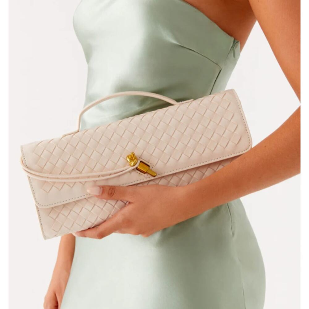 Oatmilk Top Handle Woven East-West Clutch, Urban Expressions